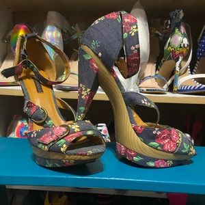 Floral Denim Platform Ankle Strap Heels Size 10